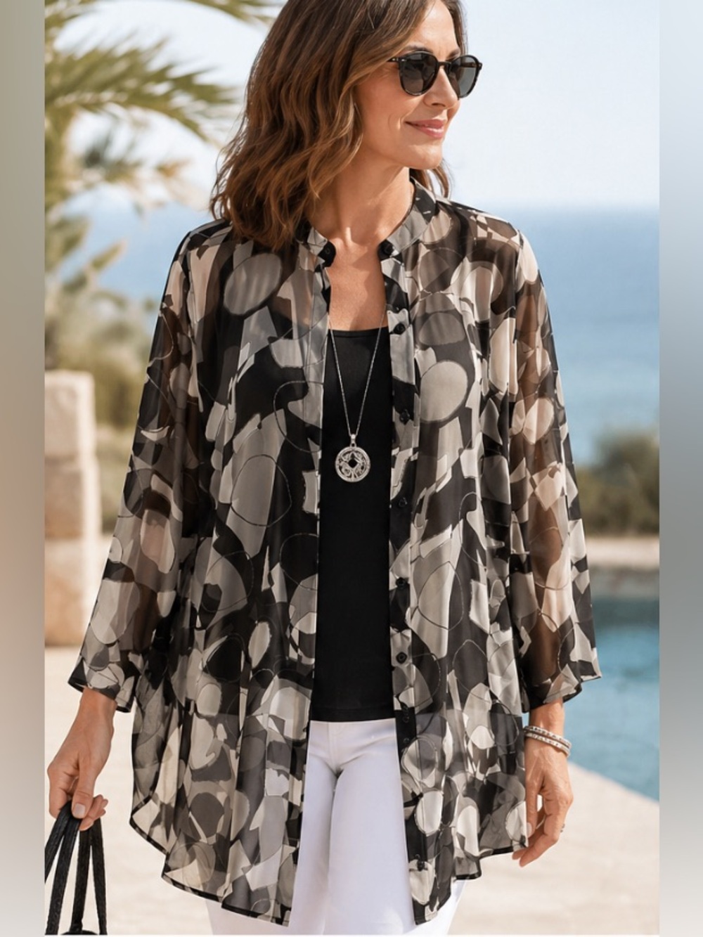 Sheer Lightweight Black Gray Abstract Tunic Cover Up Vacation Blouse 2X
